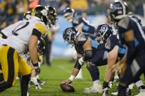 Tennessee Titans center Hroniss Grasu gets set to snap the ball against the Pittsburgh Steelers ...