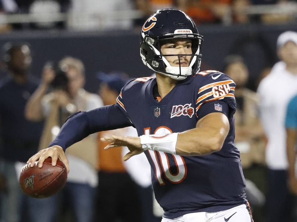 Chicago Bears' Mitchell Trubisky throws during the first half of an NFL football game against t ...