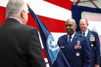 Brig. Gen. Ondra Berry, center, receives command of theʎevadaʎationalʇuardʦromʎevadaʇov. ...