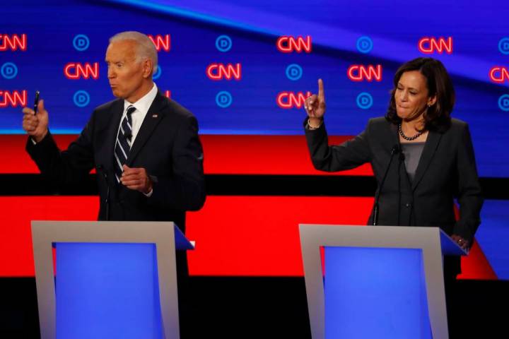 FILE - In this July 31, 2019 photo, Sen. Kamala Harris, D-Calif., and former Vice President Joe ...