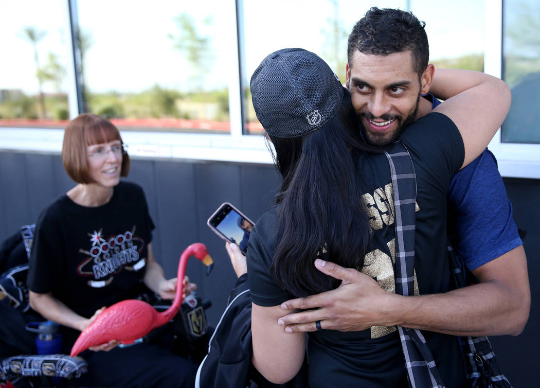 Pierre-Edouard Bellemare gets a hug from Michelle Leoning of Henderson as he leaves City Nation ...