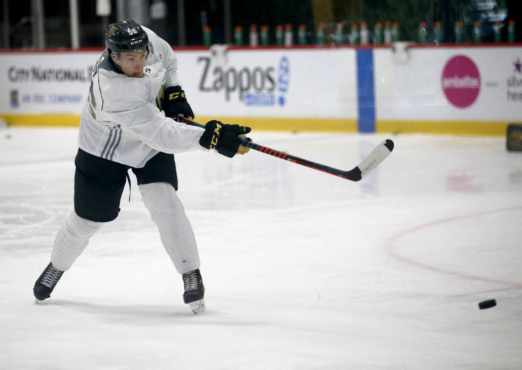 Forward Charles-Antoine Roy shoots during the Vegas Golden Knights rookie camp at City National ...