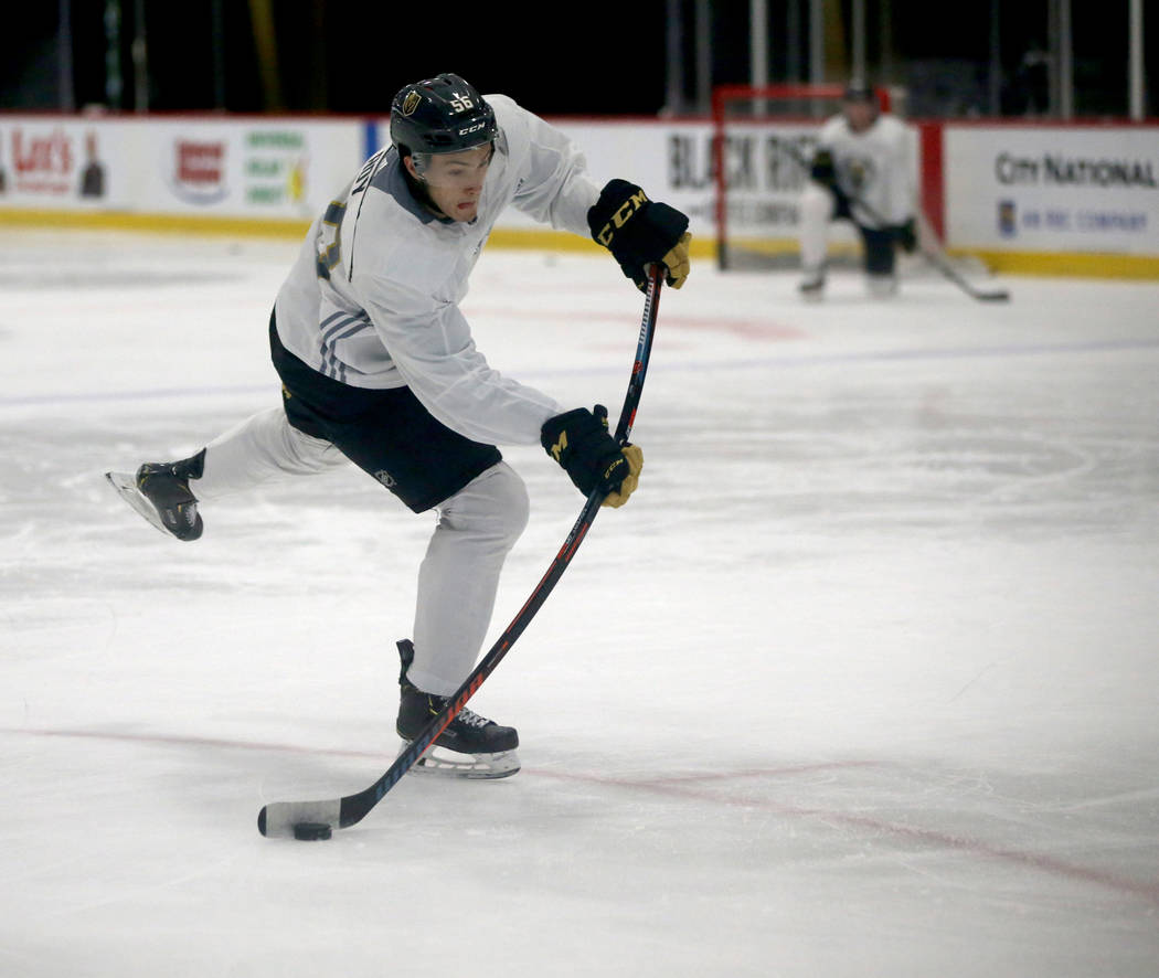 Forward Charles-Antoine Roy shoots during the Vegas Golden Knights rookie camp at City National ...