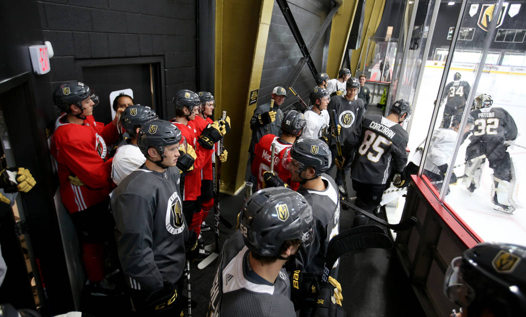 Vegas Golden Knights players take the ice on the first day of rookie camp at City National Aren ...