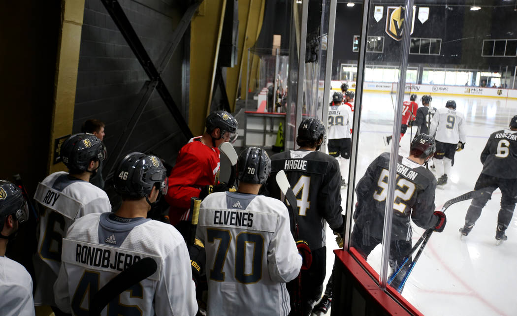 Vegas Golden Knights players take the ice on the first day of rookie camp at City National Aren ...