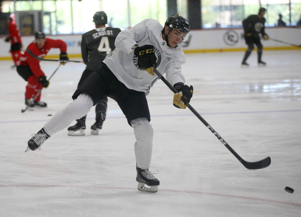 Forward Pavel Gogolev shoots during the Vegas Golden Knights rookie camp at City National Arena ...