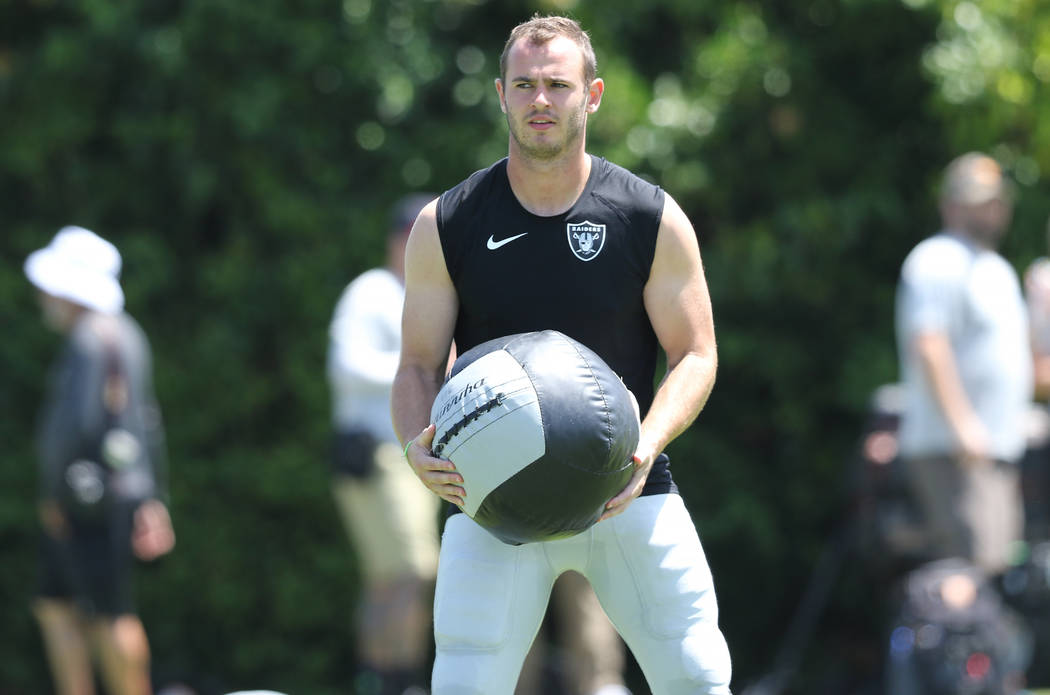 Oakland Raiders wide receiver Hunter Renfrow works out after team practice during the NFL team' ...