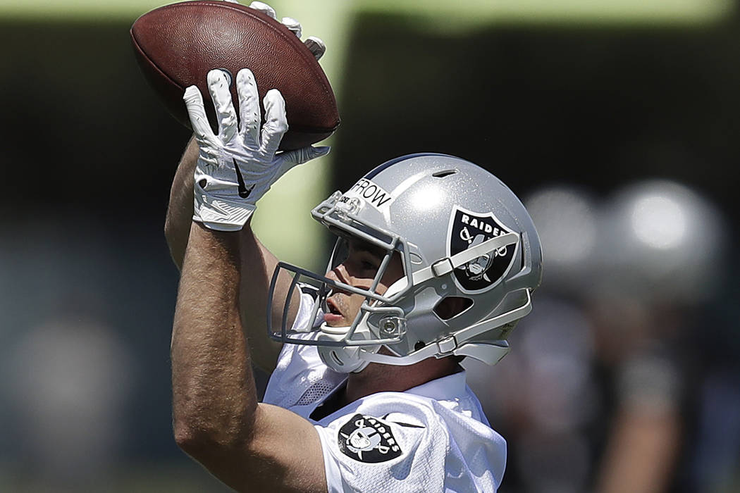 Oakland Raiders wide receiver Hunter Renfrow makes a reception during NFL football practice on ...