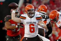 In this Friday, Aug. 23, 2019, file photo, Cleveland Browns quarterback Baker Mayfield (6) thro ...