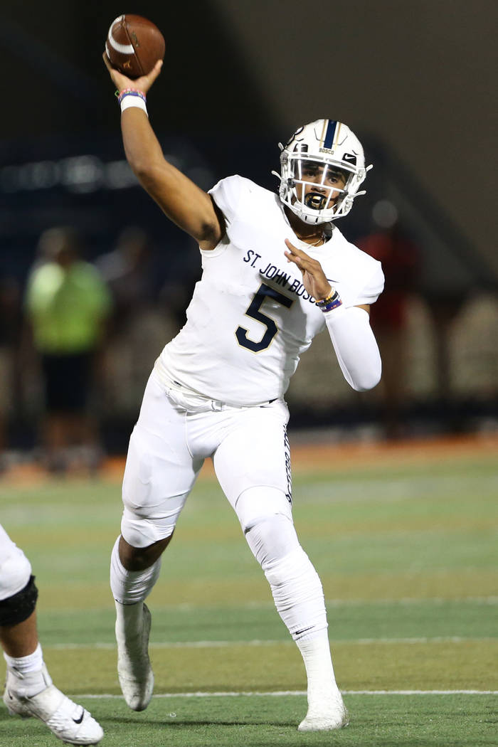 St. John Bosco's DJ Uiagalelei (5) throws a pass against Liberty in the fourth quarter of the P ...