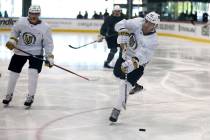 Vegas Golden Knights forward Paul Cotter shoots during the first day of development camp at Cit ...