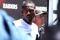 Oakland Raiders wide receiver Antonio Brown (84) answers questions during a press conference af ...