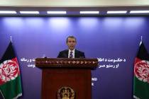 Afghan Presidential Spokesman Sediq Seddqi gives a press conference in Kabul, Afghanistan, Sund ...