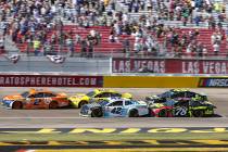Race car driver Brad Keselowski (2) leads the South Point 400 NASCAR Cup Series auto race at th ...