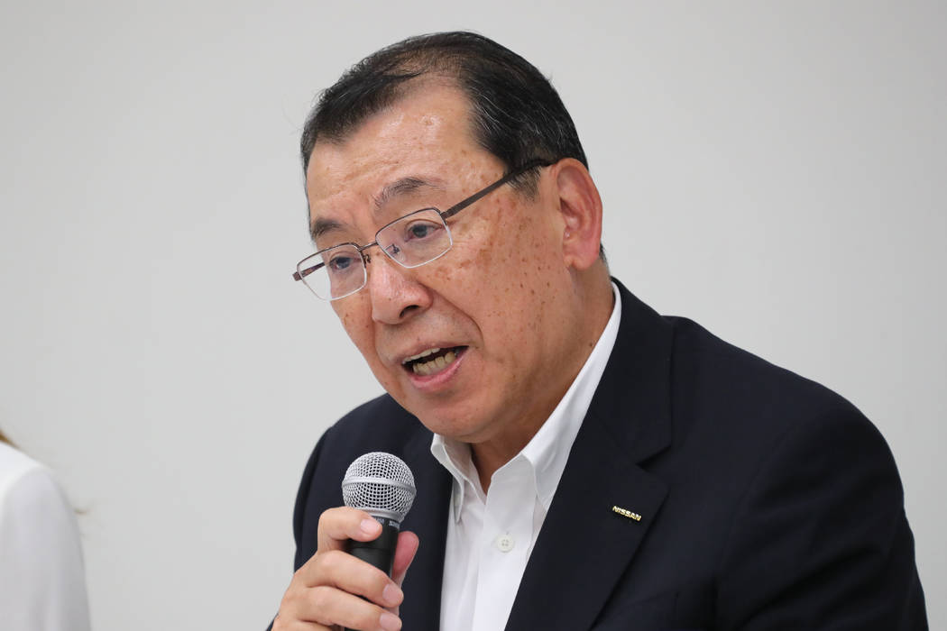 Nissan Motor Co.'s chair of the board of directors Yasushi Kimura speaks during a press confere ...