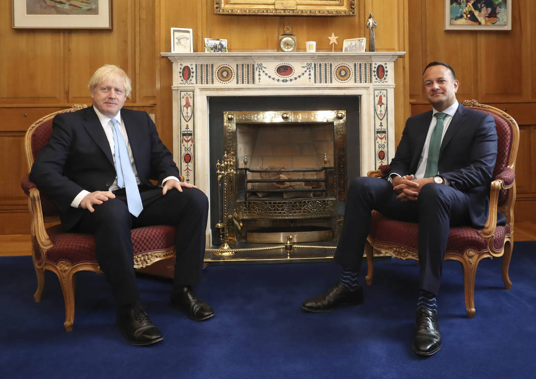 Britain's Prime Minister Boris Johnson, left, meets with Ireland's Prime Minister Leo Varadkar ...