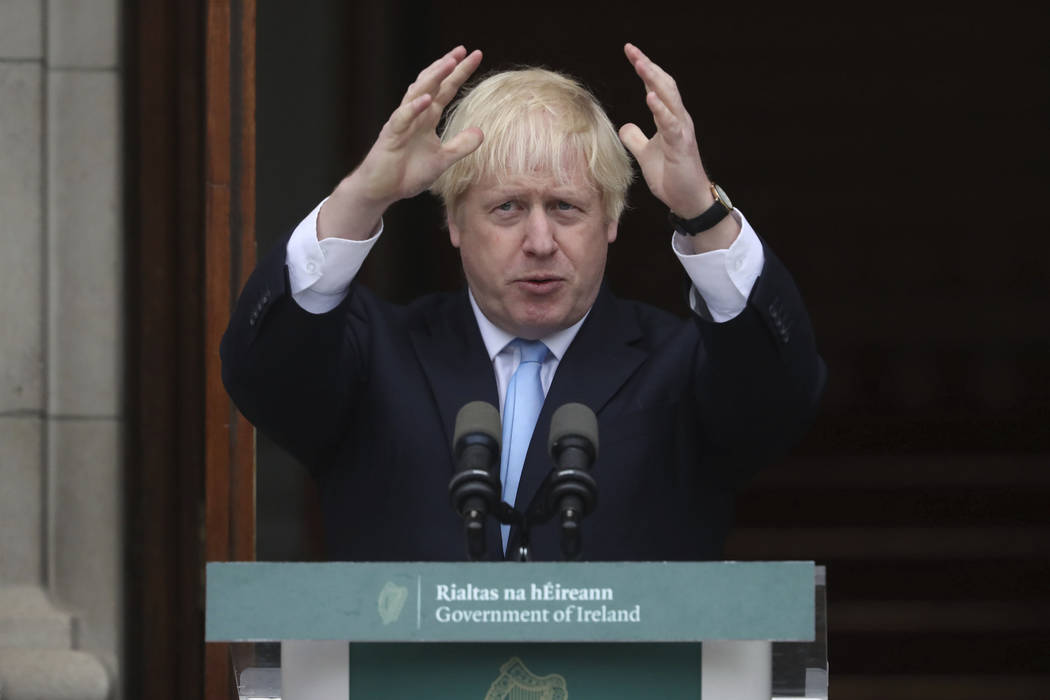 Britain's Prime Minister Boris Johnson gestures during a meeting with Ireland's Prime Minister ...