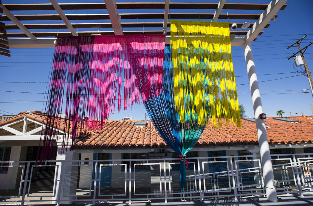 A view of the patio deck featuring an art installation by Clarice Tara at Fergusons Downtown at ...