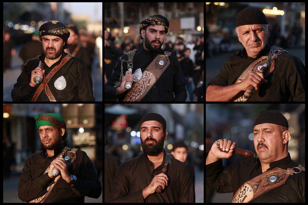 In this combination photo of six photographs shows Shiite Muslims beat themselves with chains d ...
