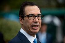 In a Sept. 9, 2019, photo, Treasury Secretary Steve Mnuchin speaks to reporters outside the Wes ...