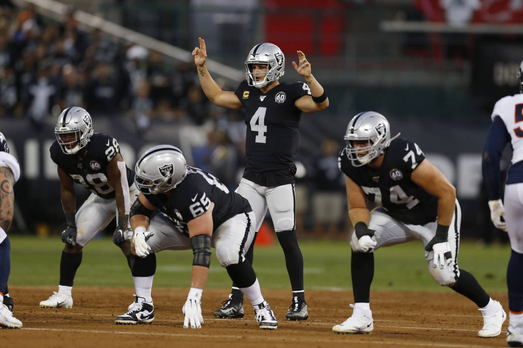 Oakland Raiders quarterback Derek Carr (4) prepares for a play during the first half of an NFL ...
