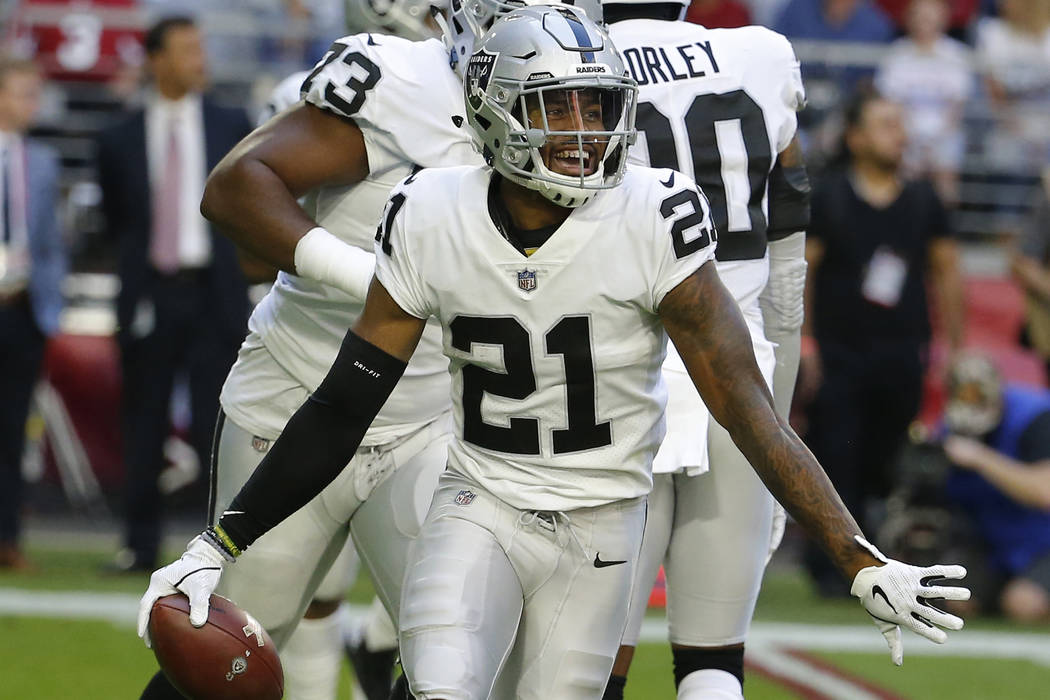 Oakland Raiders cornerback Gareon Conley (21) during an NFL football game against the Arizona C ...