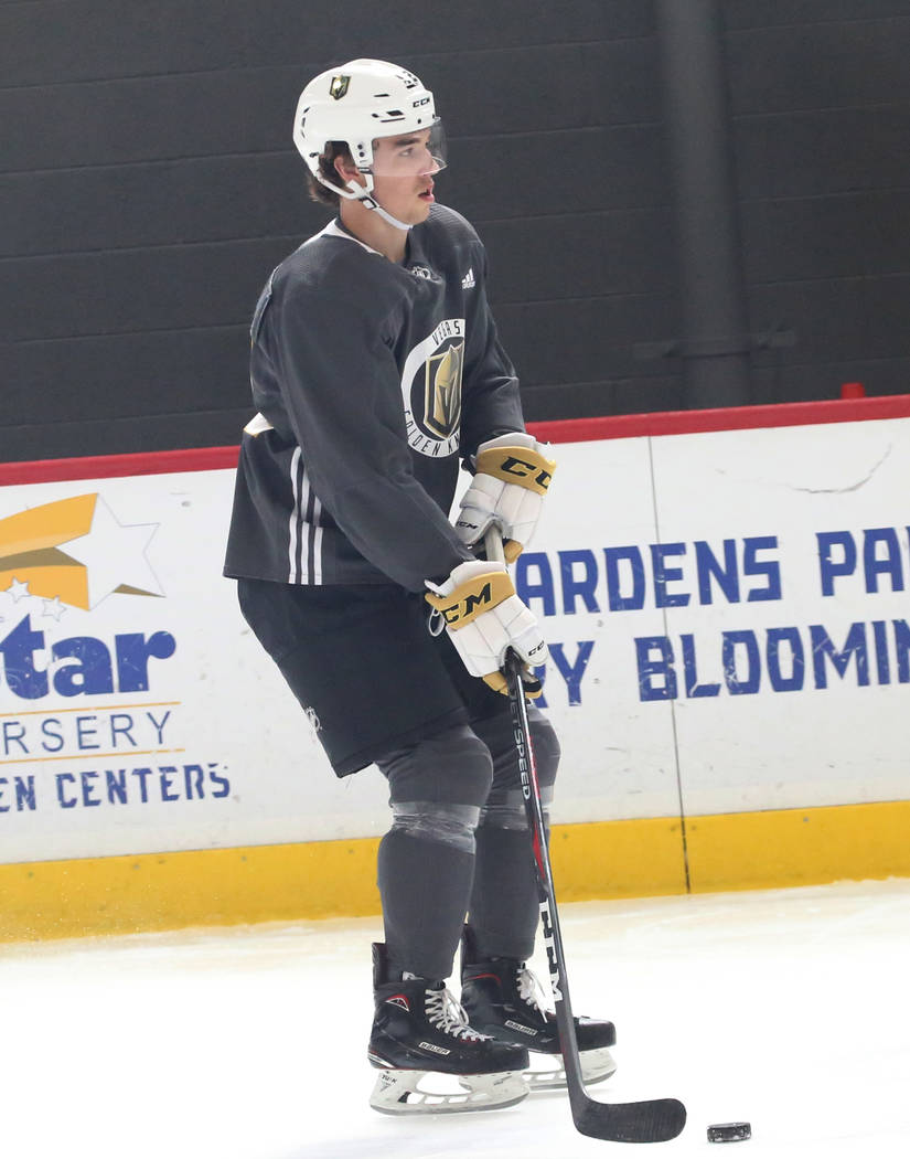 Vegas Golden Knights prospect Dylan Coghlan, right, skates during the third day of Golden Knigh ...