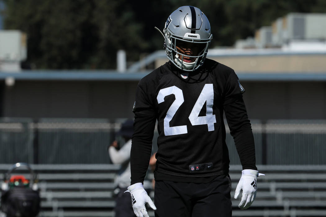 Oakland Raiders safety Johnathan Abram (24) walks on the field during the NFL team's training c ...