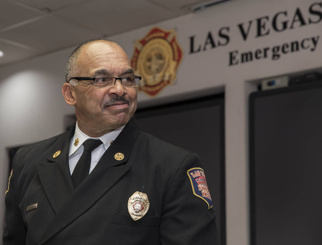 Las Vegas Fire and Rescue Fire Chief William McDonald speaks during an event to announce the as ...