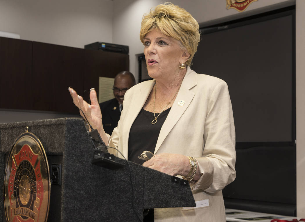 Las Vegas Mayor Carolyn Goodman speaks during an event to announce the assignment of a therapy ...