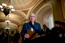 In a Sept. 10, 2019, photo, Senate Majority Leader Mitch McConnell of Ky., arrives for a news c ...