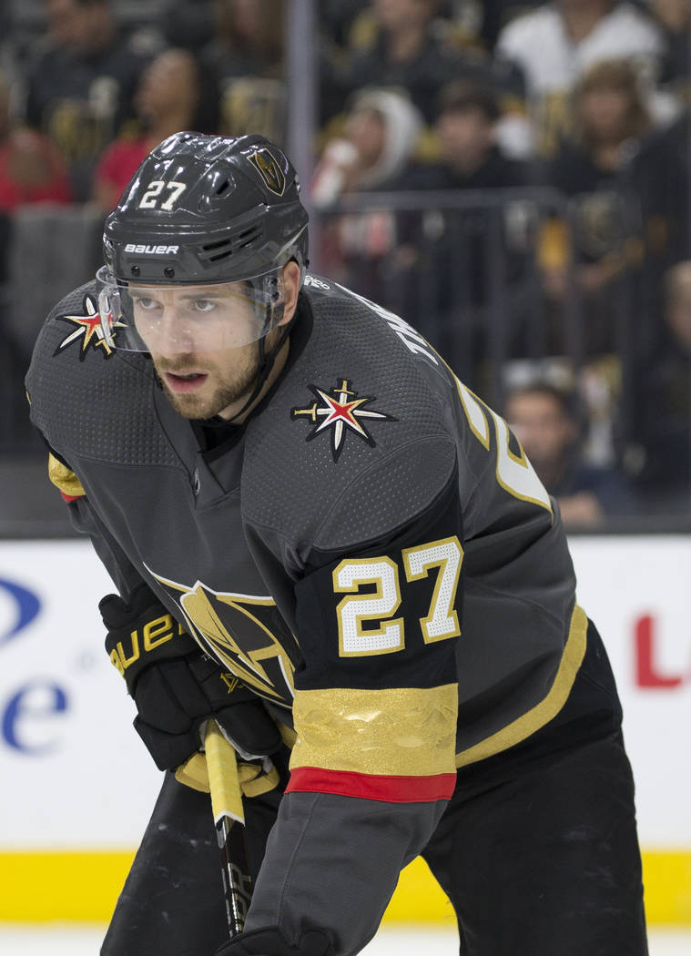 Golden Knights defenseman Shea Theodore (27) on Friday, March 29, 2019, at T-Mobile Arena, in L ...