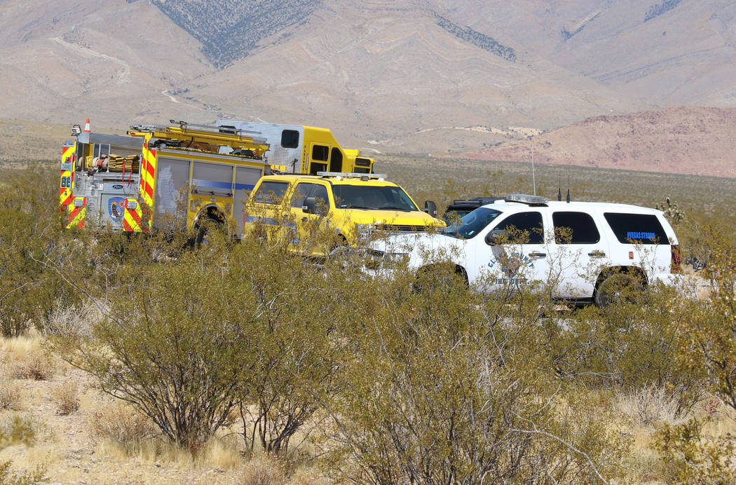 Emergency vehicles are seen near Goodsprings, southwest of Las Vegas, where a hot air balloon c ...