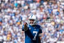 Indianapolis Colts quarterback Jacoby Brissett during an NFL football game against the Los Ange ...