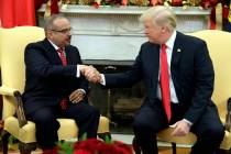 FILE--President Donald Trump meets with Bahrain's Crown Prince Salman bin Hamad Al Khalifa in t ...