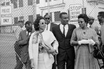 FILE - In this April 18, 1963 file photo, Coretta Scott King Jr., left, the Rev. Fred L. Shutt ...