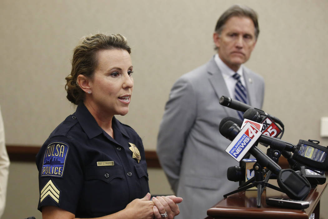 Tulsa Police Sgt. Jillian Phippen speaks during a news conference, Thursday, Sept. 12, 2019, in ...