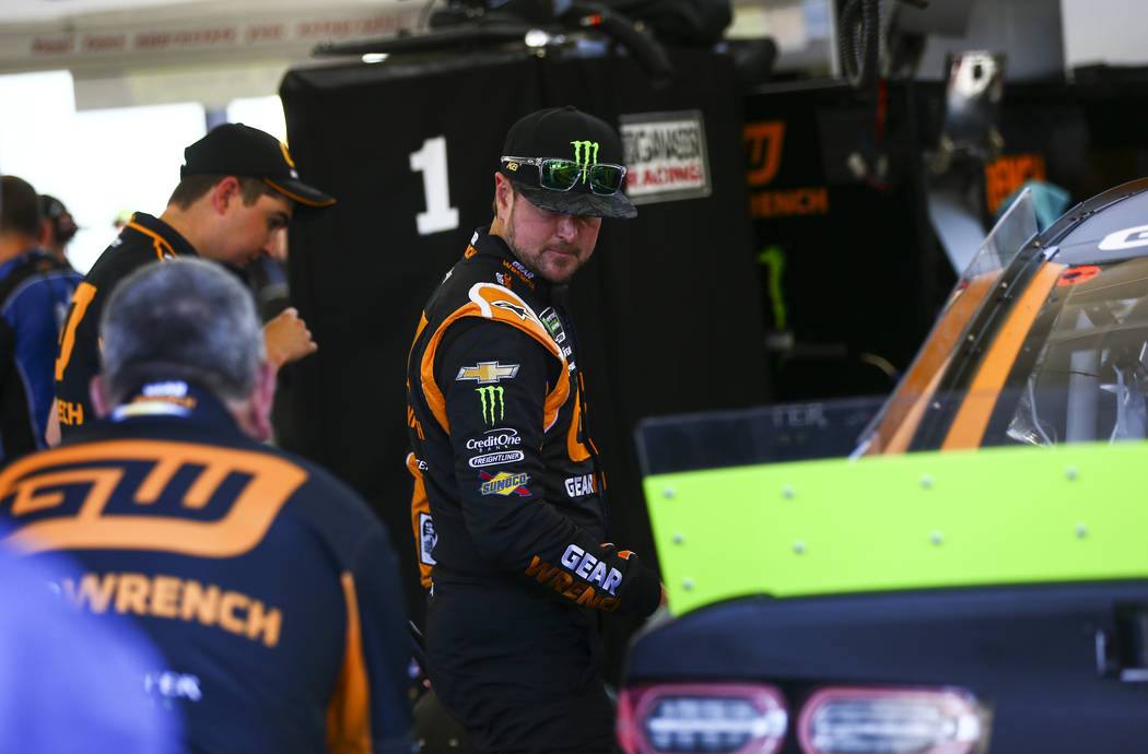 Kurt Busch prepares for qualifying for the Monster Energy NASCAR Cup Series South Point 400 aut ...