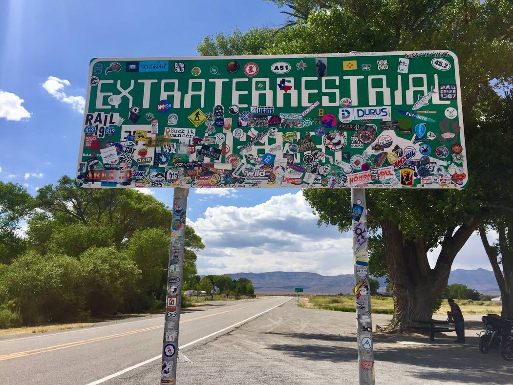 The Extraterrestrial Highway marker where state Route 318 splits off from state Route 375 near ...