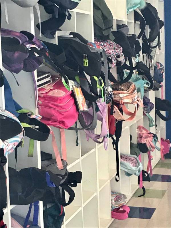 Backpacks are stored Sept. 12 at the Ralph & Betty Engelstad Club in Las Vegas. (Julie Wootton- ...