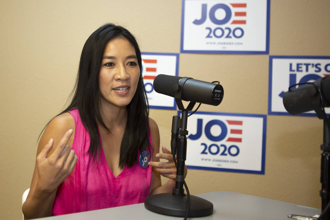 Michelle Kwan, two-time Olympic figure skating medalist, speaks during an interview at a Democr ...