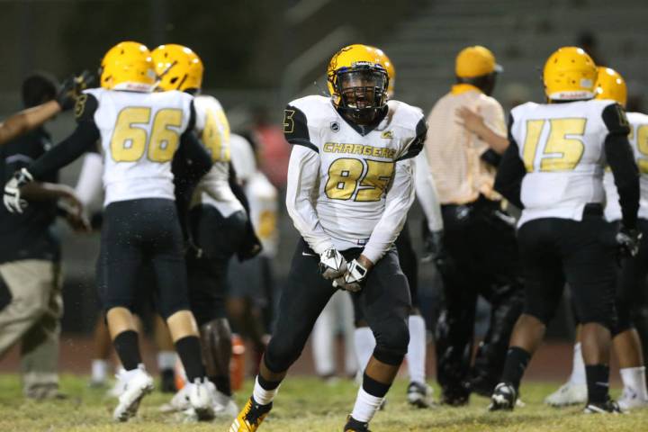 Clark's Kameran Cason (85) celebrates his team's win 27-20 against Chaparral in a football game ...