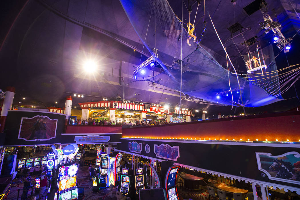 The Flying Poemas perform at the carnival midway above the casino floor at Circus Circus in Las ...