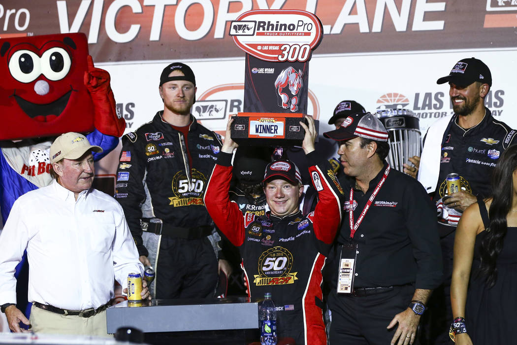 Tyler Reddick celebrates after winning the NASCAR Xfinity Series auto race at Las Vegas Motor S ...