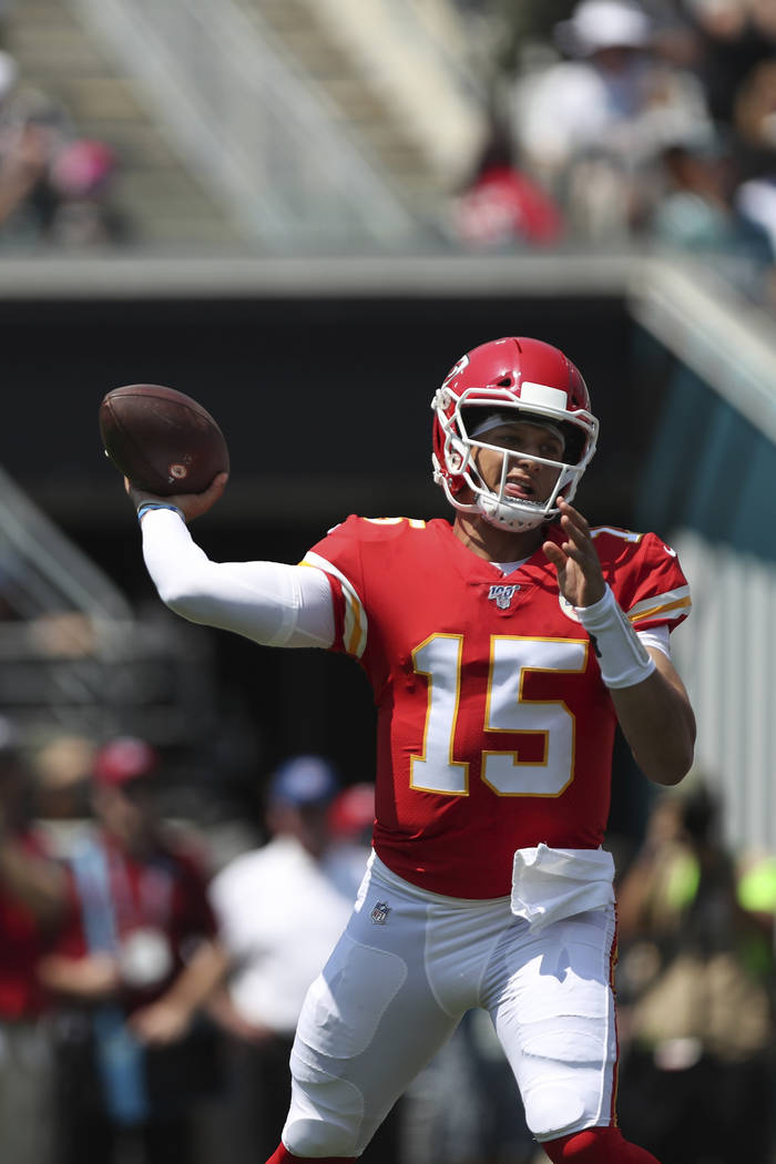 Kansas City Chiefs quarterback Patrick Mahomes (15) throws a pass during an NFL football game a ...