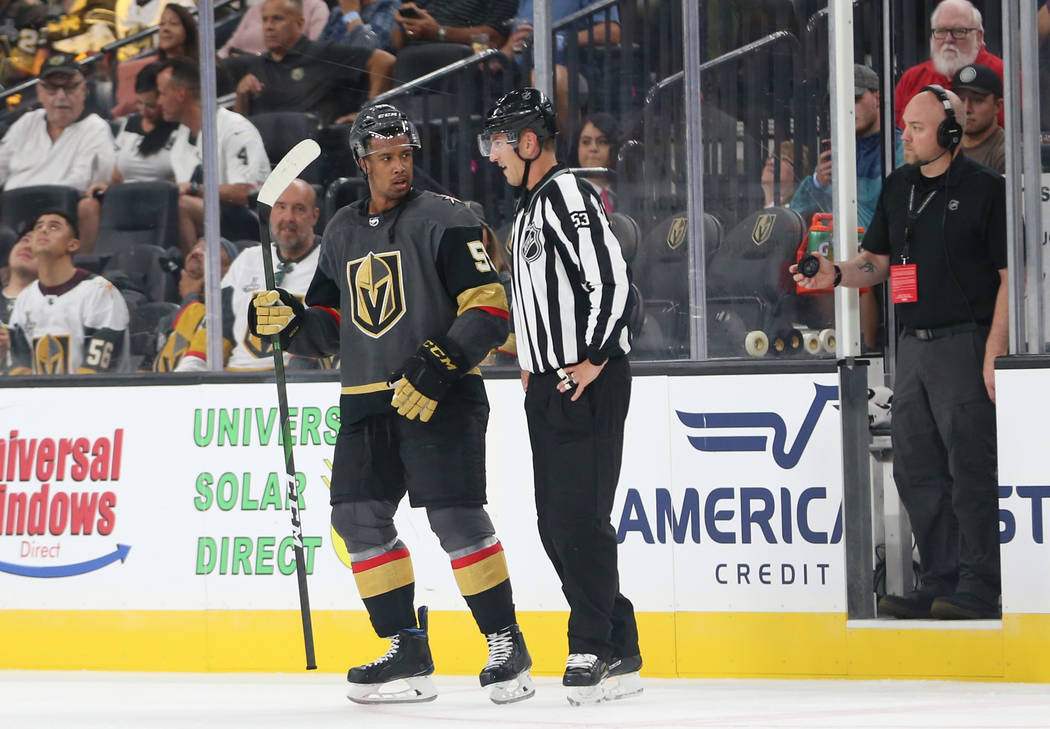 Vegas Golden Knights right wing Keegan Kolesar (55) is ejected from the game after a foul again ...