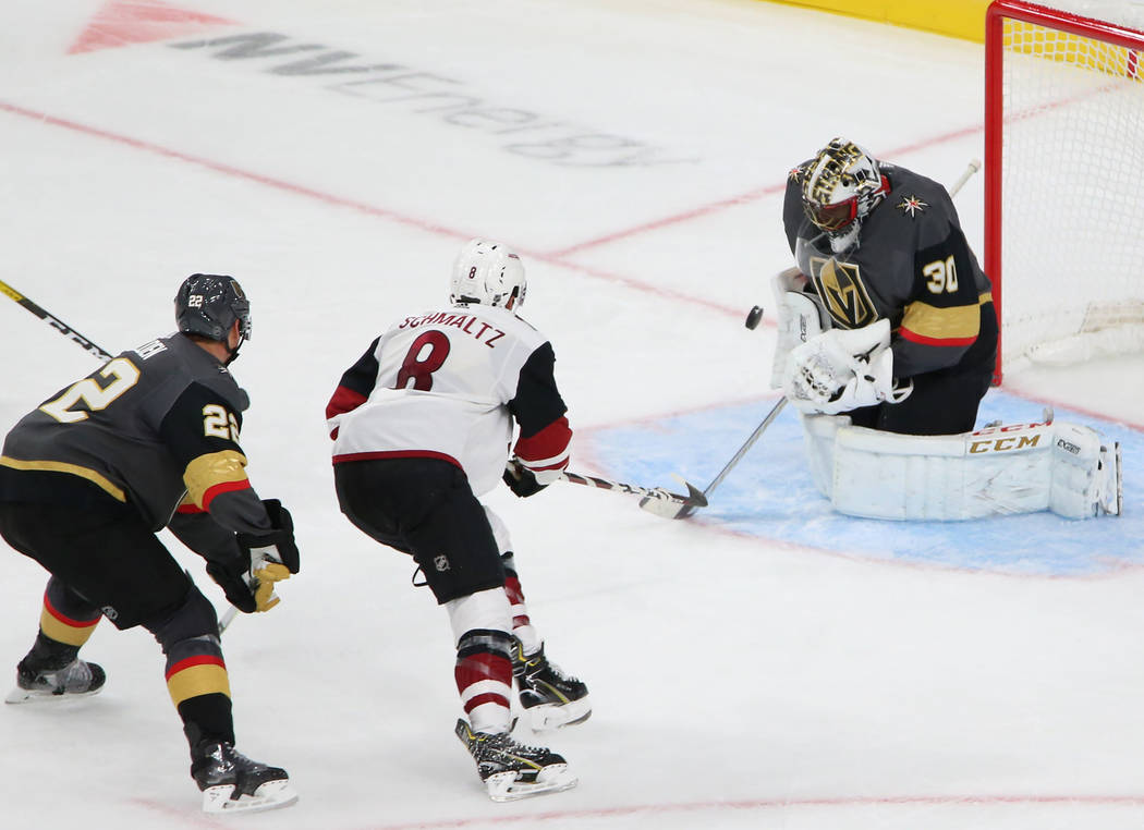 Vegas Golden Knights goaltender Malcolm Subban (30) defends a shot from Arizona Coyotes right w ...