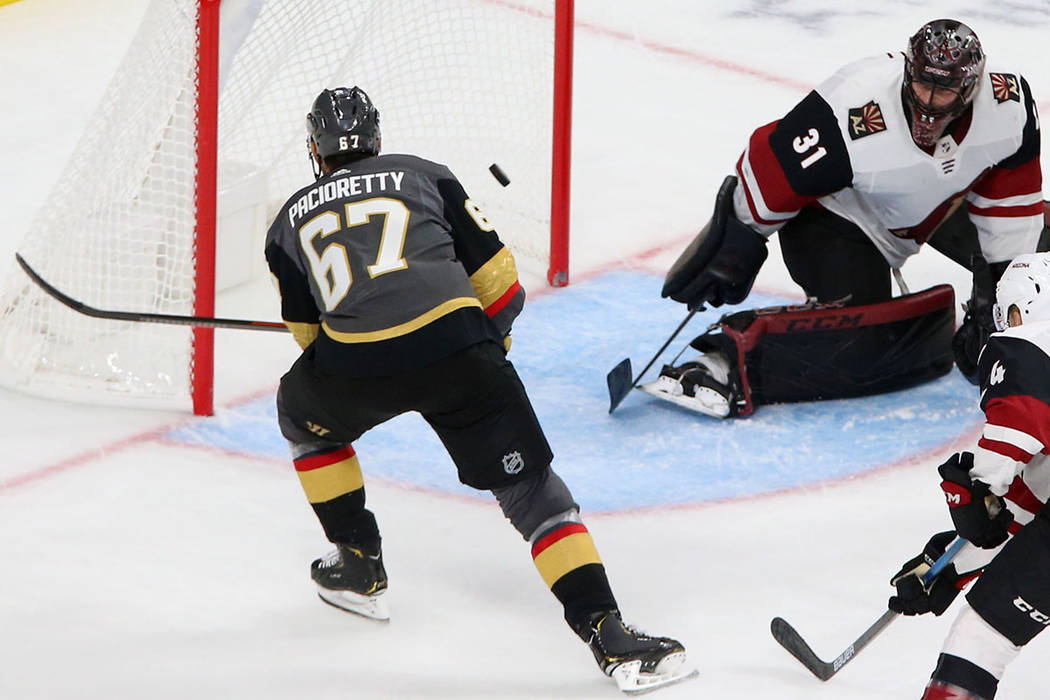 Vegas Golden Knights left wing Max Pacioretty (67) shoots for a score and a hat-trick against A ...