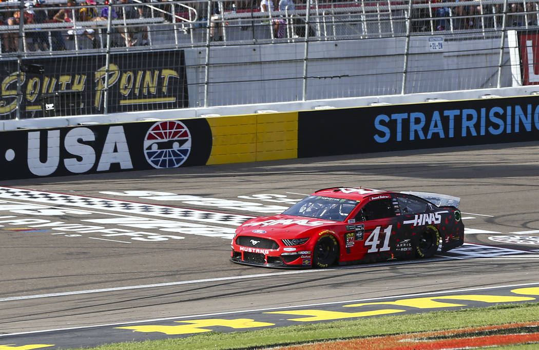 Daniel Suarez (41) drives during a NASCAR Cup Series auto race at Las Vegas Motor Speedway, Sun ...