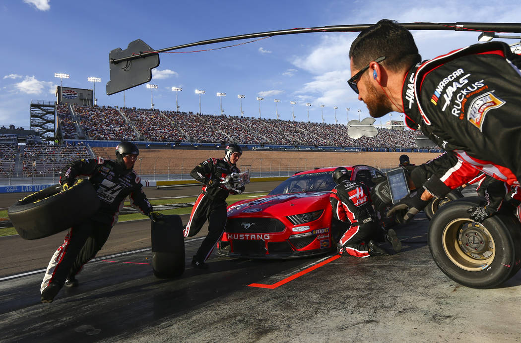 Daniel Suarez pits during a NASCAR Cup Series auto race at Las Vegas Motor Speedway on Sunday, ...